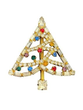 Christmas tree multi colored rhinestone gold tone colorful brooch pin vintage